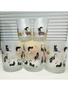 5 Culver Halloween Dachshunds & Cat Old Fashioned Lowball Frosted Signed Glasses
